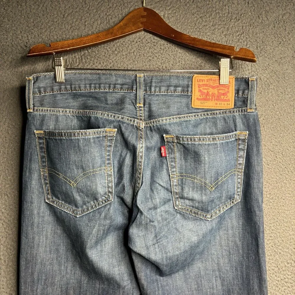 Levis Jeans Mens (Measured 34x33) Blue Denim 527 Low Boot Cut Dark Wash Flare